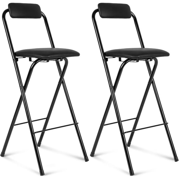 2 Pcs Folding Bar Stool with Backrest, Tall Foldable Stool Chair Portable High Folding Bar Chair Counter Height Seat Leather Padded for Kitchen Island Shop Cafe Dining Room Black (29.5 Inch)