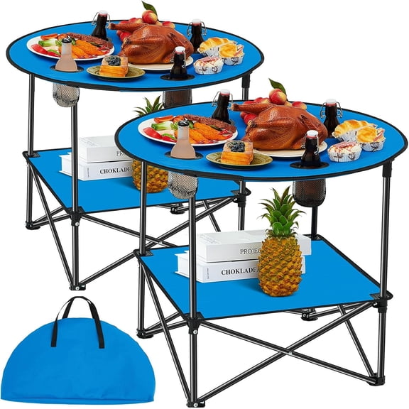 2 Pcs Folding Camping Table 2 Tier Portable Picnic Table Lightweight Travel Beach Tables 600d Oxford Fabric Waterproof Canvas with 4 Cup Holders Carry Bag for Tailgating Campfires Summer