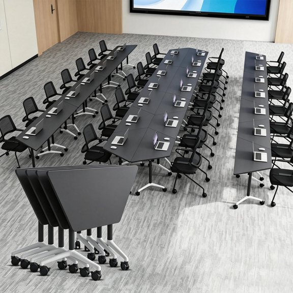 2 Pcs Folding Conference Table with Wheels,47.2in Flip-Top Conference Tables,Mobile Training Table for 2-12 Person,Trapezoid Design,for Classrooms & School Office Spaces(Black)