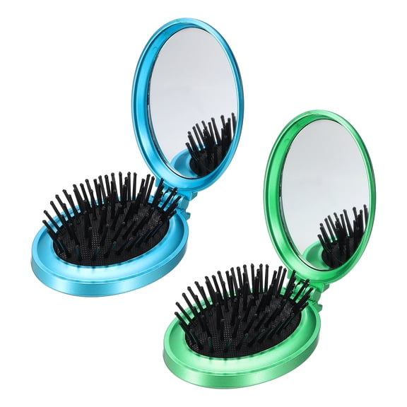 2 Pcs Folding Hair Brush, Mini Hair Brush with Mirror, Portable Oval Mirror Pocket Travel Comb for Women Girls Makeup Travel, Green/Blue