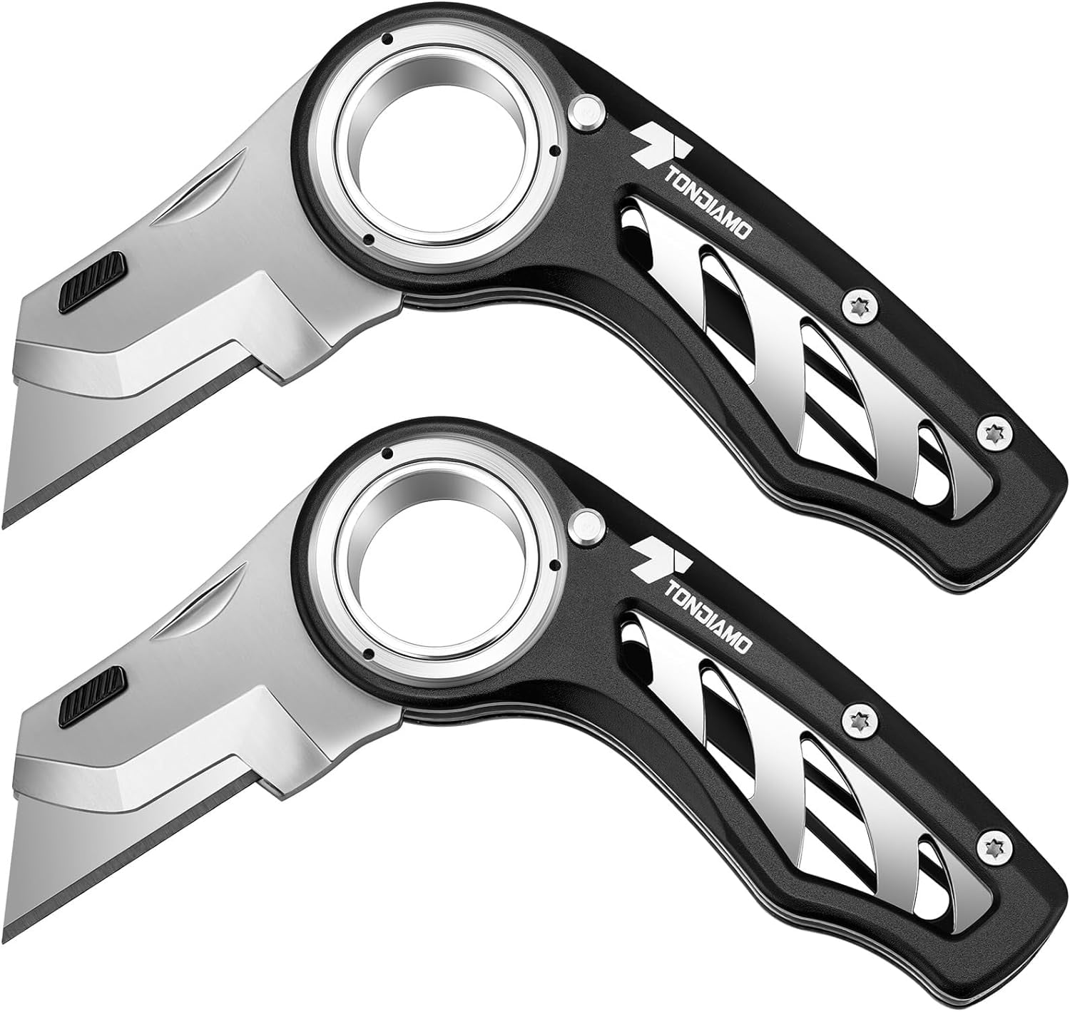 2 Pcs Folding Pocket Utility Knife Heavy Duty Box Cutter Folding Razor Knife with Anti Slip Finger Loop Easy Change Blades 3 Lock Positions Design (Black)