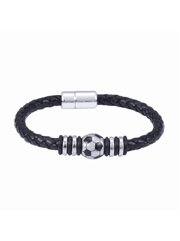 2 Pcs Football Bracelet, 8.5 in Braided Leather Wristband with Soccer Ball Charm, Zinc Alloy Metal-Adhering Clasp, Black Silver Tone, Retro Design for Men, Sports Fans