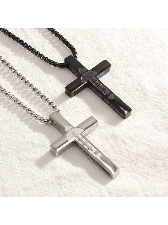 2 Pcs Silver and Black Football Cross Necklaces for Men, 22"+2" Stainless Steel Bible Verse Cross Pendant Chain, Religious Christian Jewelry Gifts