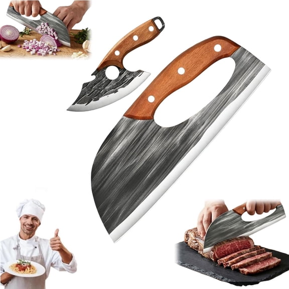 2 Pcs Forged Kitchen Meat Cleaver Knife Set, Effort Saving Meat Cleaver for Cutting, Sharp Carbon Steel Cooking Knife with Leather Sheath for Kitchen, Camping, Outdoor Cooking, BBQ