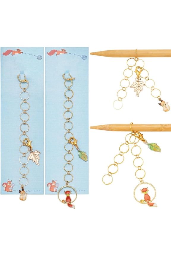 2 Pcs Fox Knitting Row Counter Chains 2 Pcs Leaf Stitch Markers Row Counting Accessories with Brass Linking Ring for Sewing Knitting Crochet Tracking Project Progress for DIY