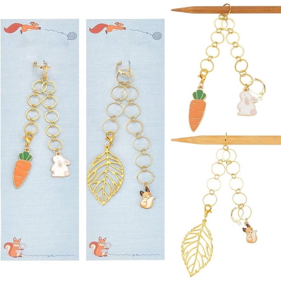 2 Pcs Fox and Rabbit Knitting Row Counter Chains 2 Pcs Leaf and Carrot Stitch Markers Row Counting Accessories with Iron Linking Ring for Sewing Knitting Crochet Tracking