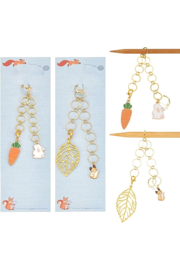2 Pcs Fox and Rabbit Knitting Row Counter Chains 2 Pcs Leaf and Carrot Stitch Markers Row Counting Accessories with Iron Linking Ring for Sewing Knitting Crochet Tracking