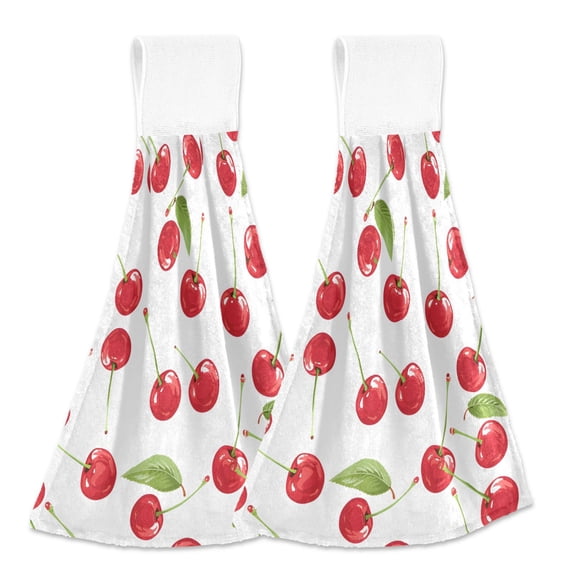 2 Pcs Fresh Cherries Kitchen Hand Towels with Hanging Loops Absorbent Soft Fast Drying Decor Bath Towels