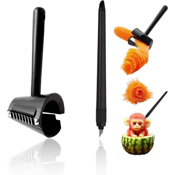 2 Pcs Fruit Carving Tools Set Carrot Sharpener Vegetable Curler Peeler Spiral Cutter Shredder Tool for Garnishing Design Cutting Slicer Shaver for Carrots Fruits Vegetables(Black)