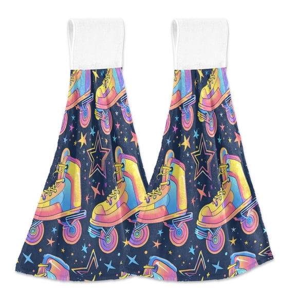 2 Pcs Funky Rollers Skates Kitchen Hand Towels with Hanging Loops Absorbent Soft Fast Drying Decor Bath Towels