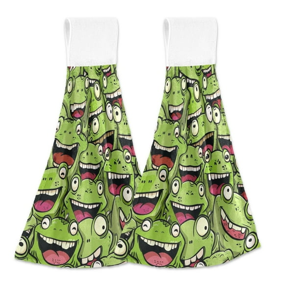 2 Pcs Funny Cartoon Frogs Face Kitchen Hand Towels with Hanging Loops Absorbent Soft Fast Drying Decor Bath Towels