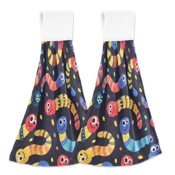 2 Pcs Funny Caterpillar Kitchen Hand Towels with Hanging Loops Absorbent Soft Fast Drying Decor Bath Towels