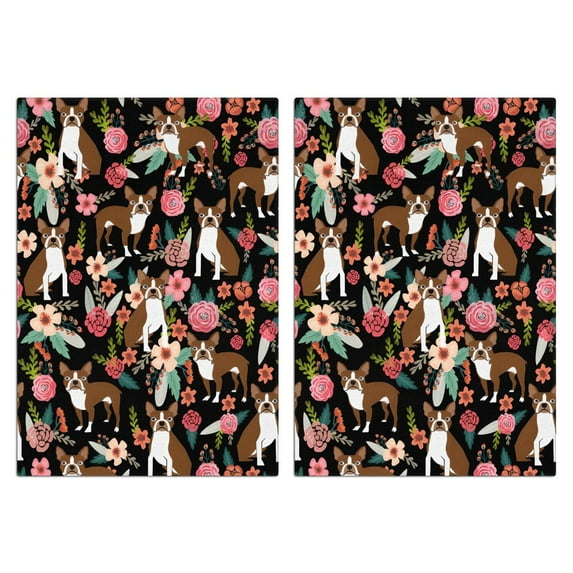 2 Pcs Funny Kitchen Towels,Boston Terrier Dog with Flower-1 Microfiber Dish Towels,Kitchen Tea Towels,Kitchen Towel Set (18" X 26")