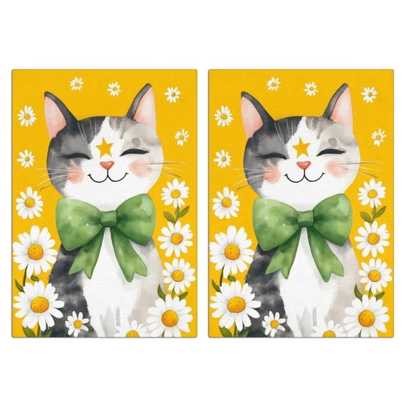 2 Pcs Funny Kitchen Towels,Cat with Bow Tie and Daisies Microfiber Dish Towels,Kitchen Tea Towels,Kitchen Towel Set (18" X 26")