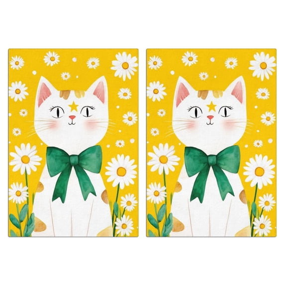 2 Pcs Funny Kitchen Towels,Cat with Bow and Daisies Microfiber Dish Towels,Kitchen Tea Towels,Kitchen Towel Set (18" X 26")