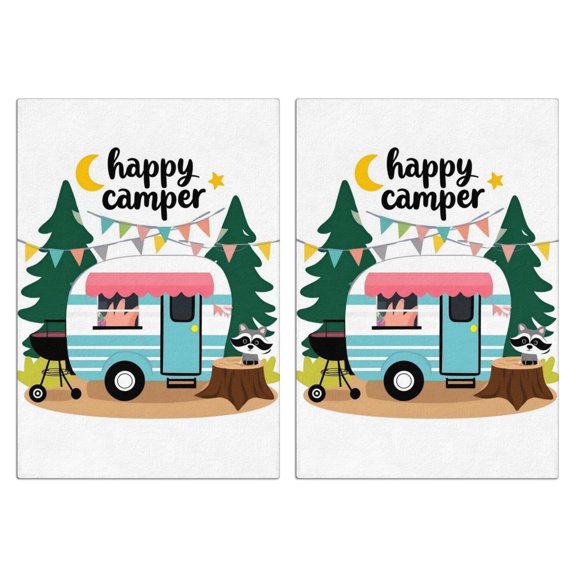 2 Pcs Funny Kitchen Towels,Happy Camper Microfiber Dish Towels,Kitchen Tea Towels,Kitchen Towel Set (18" X 26")