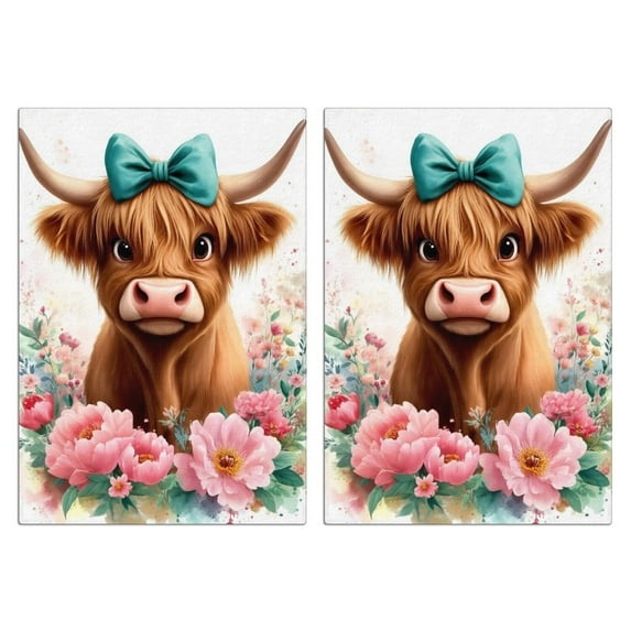 2 Pcs Funny Kitchen Towels,Highland Cow and Flower Microfiber Dish Towels,Kitchen Tea Towels,Kitchen Towel Set (18" X 26")