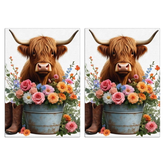 2 Pcs Funny Kitchen Towels,Highland Cow with Flowers Microfiber Dish Towels,Kitchen Tea Towels,Kitchen Towel Set (18" X 26")