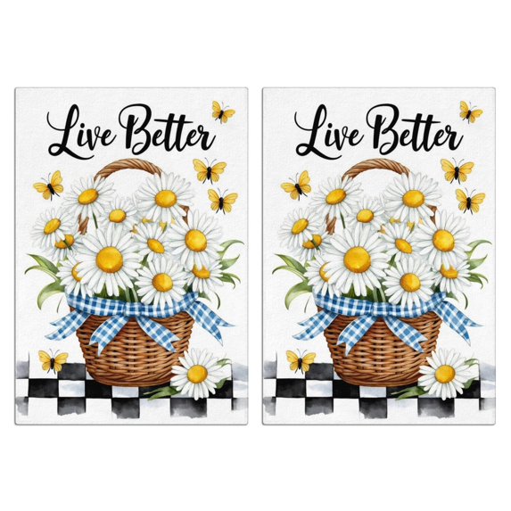 2 Pcs Funny Kitchen Towels,Live Better Daisies Basket Butterflies Bees Microfiber Dish Towels,Kitchen Tea Towels,Kitchen Towel Set (18" X 26")
