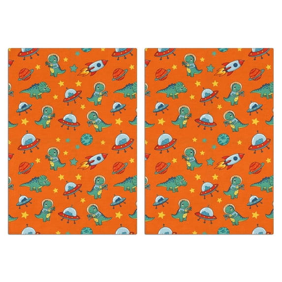 2 Pcs Funny Kitchen Towels,Orange Cartoon Dinosaurs Rockets Planets Pattern Microfiber Dish Towels,Kitchen Tea Towels,Kitchen Towel Set (18" X 26")