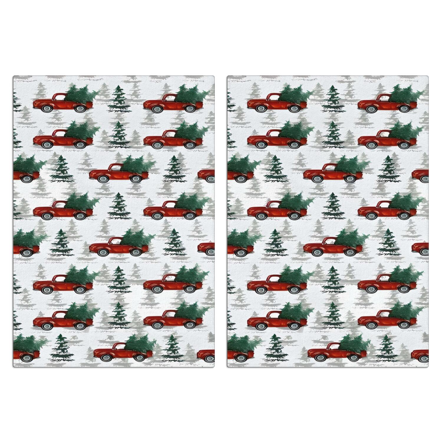 2 Pcs Funny Kitchen Towels,Red Christmas Truck and Tree Pattern Microfiber Dish Towels,Kitchen Tea Towels,Kitchen Towel Set (18" X 26")
