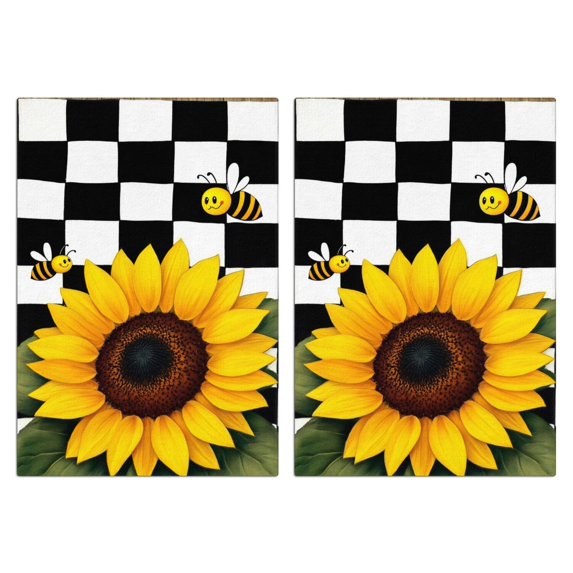 2 Pcs Funny Kitchen Towels,Sunflower with Bees and Checkered Background Microfiber Dish Towels,Kitchen Tea Towels,Kitchen Towel Set (18" X 26")
