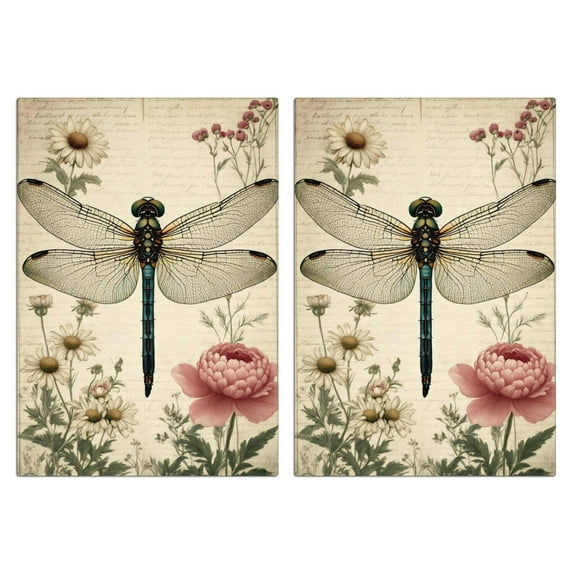 2 Pcs Funny Kitchen Towels,Vintage Dragonfly and Flower Microfiber Dish Towels,Kitchen Tea Towels,Kitchen Towel Set (18" X 26")