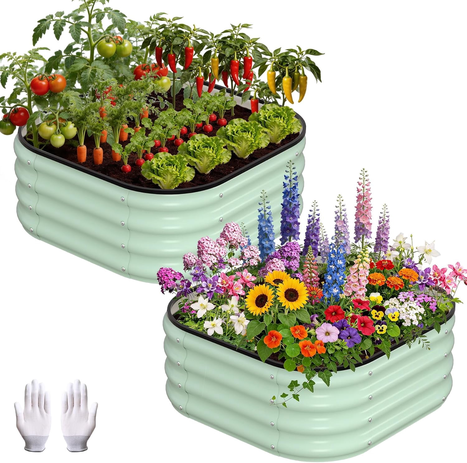 2 Pcs Galvanized Raised Garden Bed, Raised Garden Beds Outdoor, Squircle Planter Raised Beds with Gloves and Rubber Edge Trim for Vegetables, Flowers and Herbs, 2x2x1 FT, Green/Dark Grey