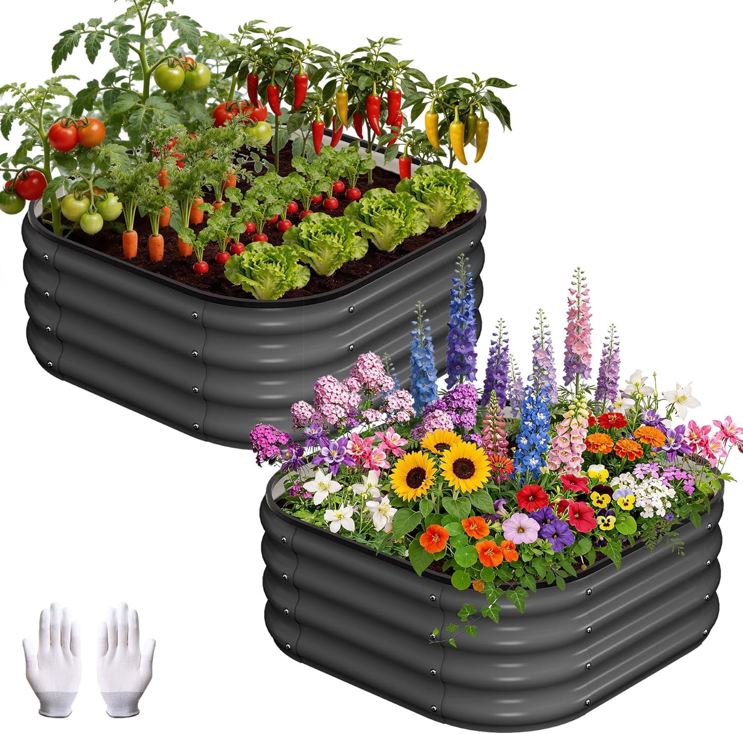 2 Pcs Galvanized Raised Garden Bed, Raised Garden Beds Outdoor, Squircle Planter Raised Beds with Gloves and Rubber Edge Trim for Vegetables, Flowers and Herbs, 2x2x1 FT, Green/Dark Grey