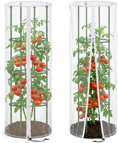 2 Pcs Garden Bird Netting Cover for Round Tomato Cage, 59" x 18" Tomato Trellis Insect Barrier Protection Mesh, Plant Cage Garden Net Cover with Zipper for Vertical Climbing Plants Vegetables Fruits