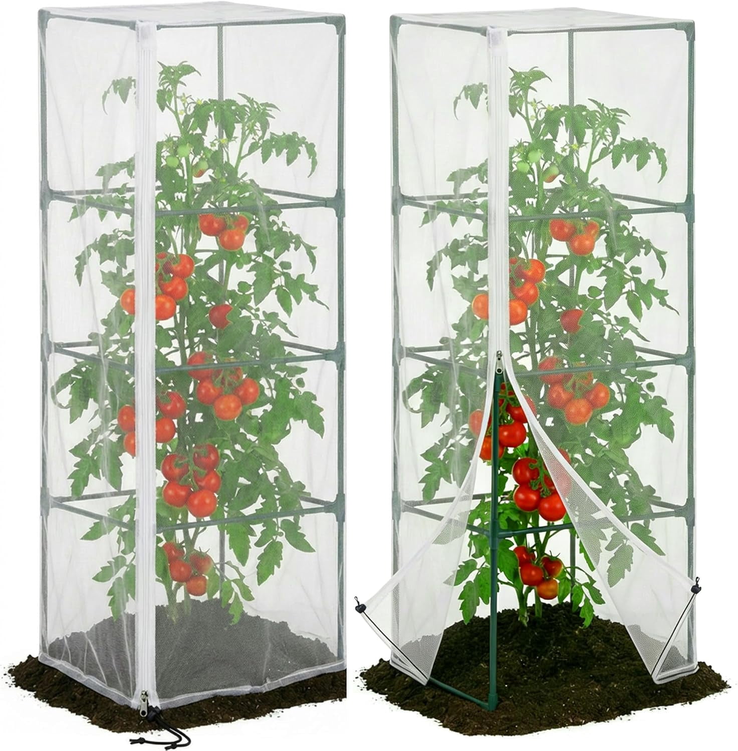 2 Pcs Garden Bird Netting for Square Plant Cage, 59" x 18" x 18" Tomato Cage Garden Net Cover with Zipper, Tomato Trellis Insect Bird Barrier Protection Mesh for Vertical Climbing Plants Vegetables