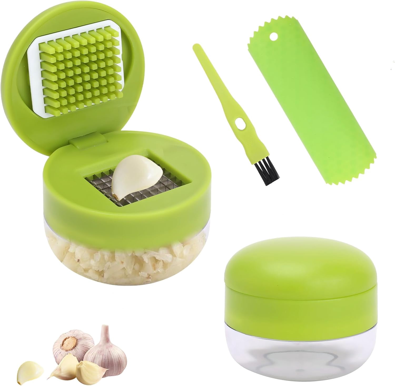 2 Pcs Garlic Press Set, Stainless Steel Garlics Crusher with Silicone Peeler and Cleaner Brush, Easy to Use Chopper for Shredded Garlic, Ginger Fruit
