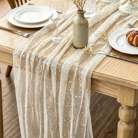2 Pcs Gauze Table Runner, 120 Inch 10FT Beige Gold Metallic Foil Table Runners for Wedding, Party, Holiday, Birthday, Anniversary Table Decor