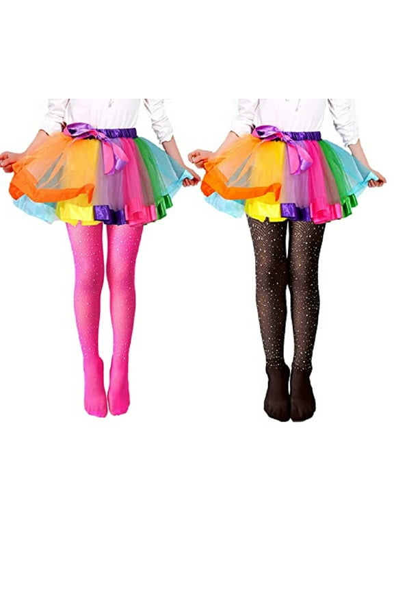 2 Pcs Girls Glitter Fishnet Tights Kids Bling Mesh Stockings Sparkle Rhinestone Hollow Out Pantyhose