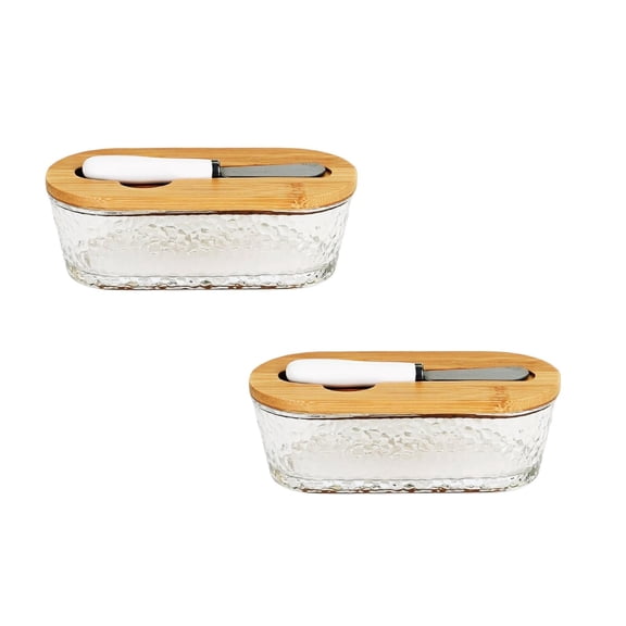 2 Pcs Glass Butter Dish with Bamboo Lid & Spreader, Airtight Clear Butter Keeper for Refrigerator & Countertop