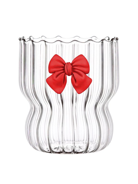 1 Pcs Glass Coffee Mugs - Classic Vertical Stripe Tea Mug - Elegant Coffee Cup with Bow Pattern for Latte, Espresso - Lovely Gift for Christmas, Anniversary and Birthday - 10 oz Clear(Red)