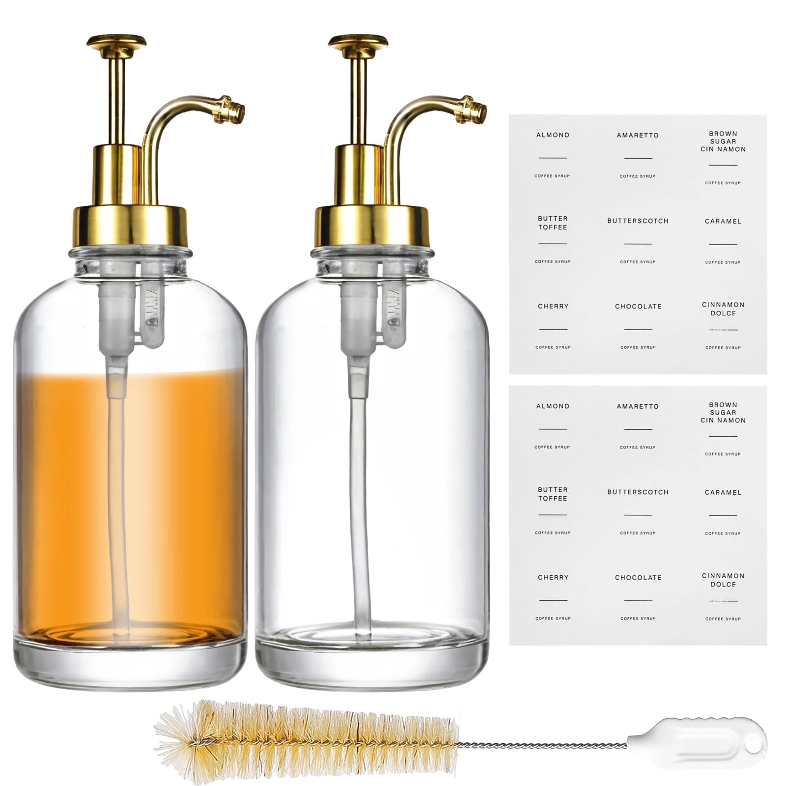 2 Pack Glass Coffee Syrup Dispenser with Pump – 8.66" Tall, Gold Pumps, Includes 2 Labels, Brush & Funnel, for Home Coffee Bar, Homemade Syrups & Beverage Station