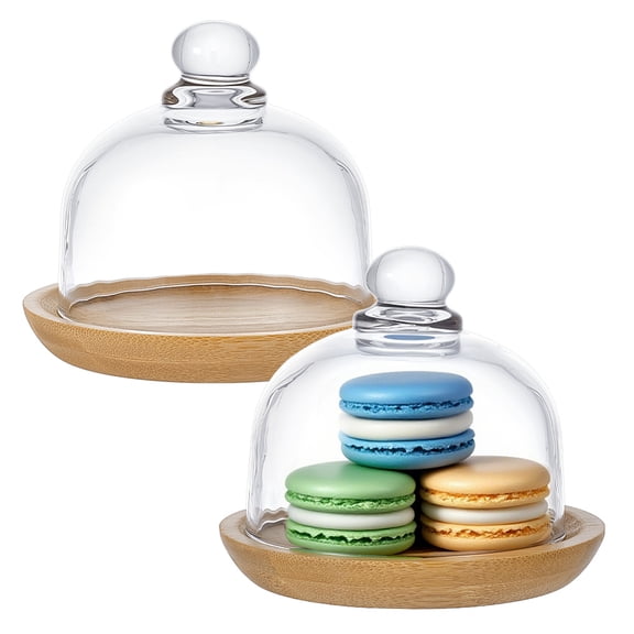 2 Pcs Glass Dessert Dome with Base Mini Bamboo Cake Cloche Dome Display Cases Bell Jars Cloche Glass Display Server Tray for Kitchen