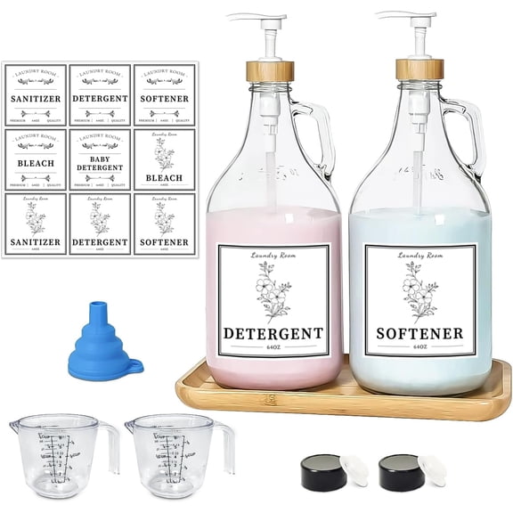 2 Pcs Glass Laundry Detergent Dispenser Bottle, Liquid Laundry Soap Dispenser for Laundry Room, 64oz Detergent Bleach Softener Dispenser for Farmhouse Decor, Includes Bamboo Pumps Tray Funnel Labels