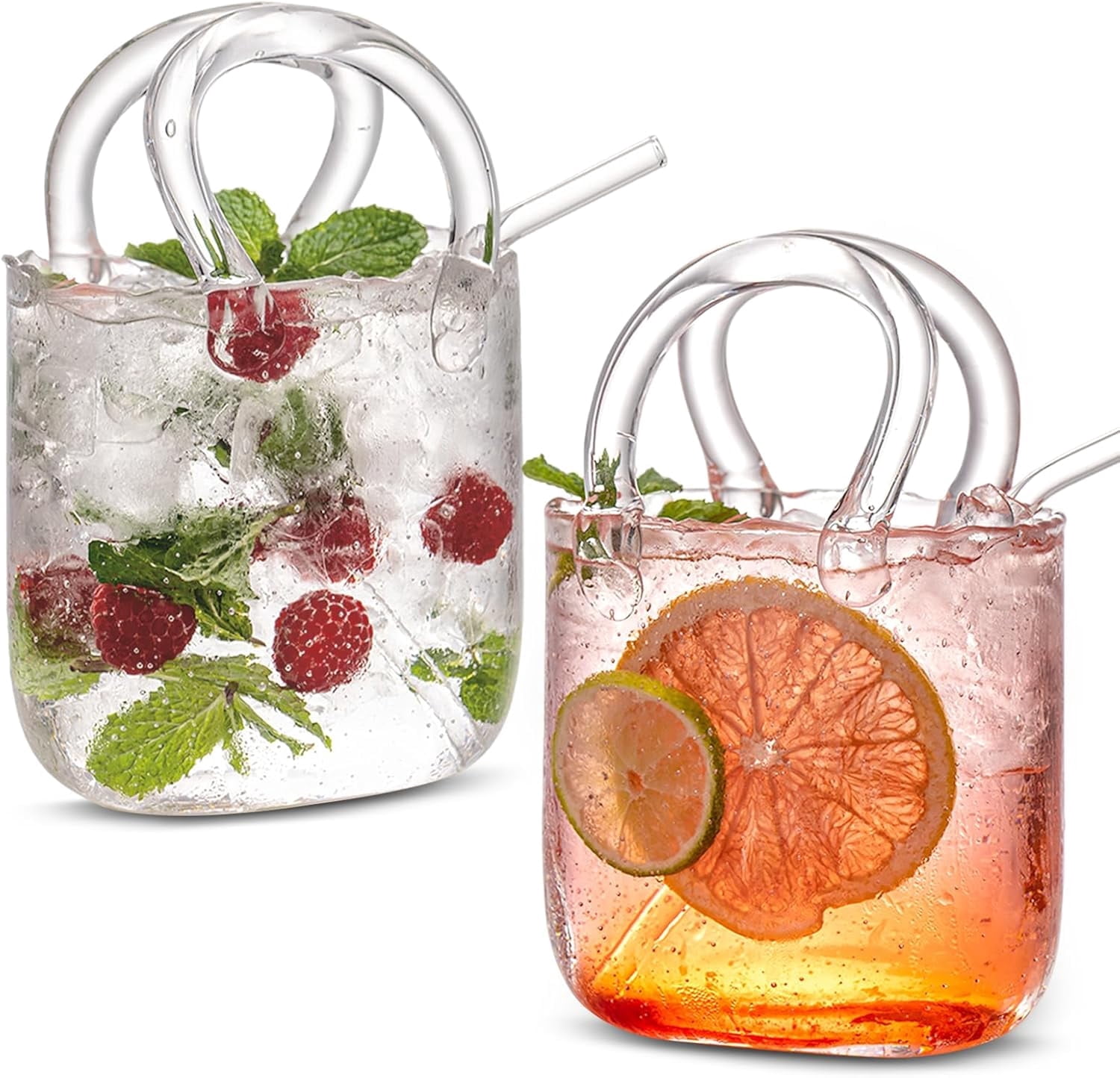 2 Pcs Glass Purse for Drinks, 24oz Unique Funky Thick Wine Glasses Gifts for Women Party, Fish Bowl Vase, Creative Unique Drinking Glass for Fruit Juice, Tea, Flowers