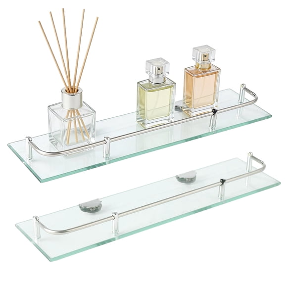 2 Pcs Glass Shelf, 15.7 in Wall Mounted Bathroom Shelf with Stainless Steel Railing, Space Saving Glass Square Clear Organizer for Shower, Kitchen, Easy to Install