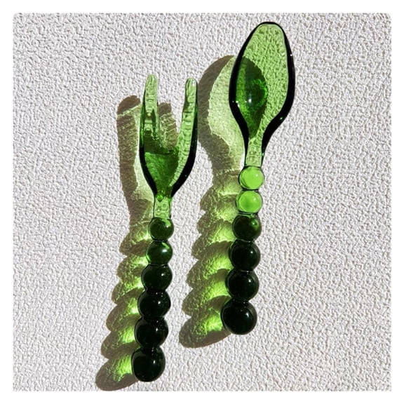 2 Pcs Glass Spoons Fork, Glass Stirring Teaspoons, Glass Beads Mini Dessert Spoons