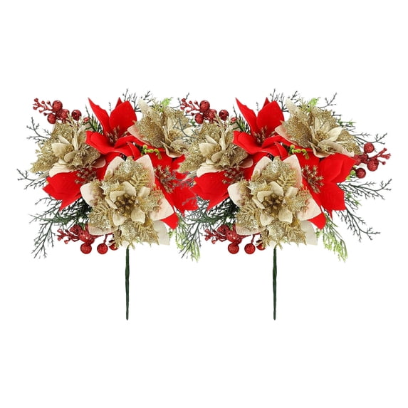 2 Pcs Glitter Artificial Christmas Flowers – 13.7 in Faux Poinsettia Bouquet for Vase, Tree, Holiday Table, Fireplace, Indoor Home Decoration