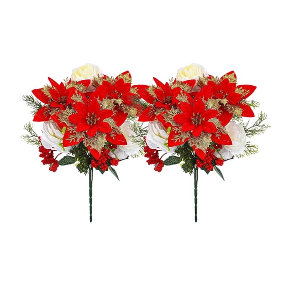 2 Pcs Glitter Artificial Christmas Flowers – 13.7 in Faux Poinsettia Bouquet for Vase, Tree, Holiday Table, Fireplace, Indoor Home Decoration