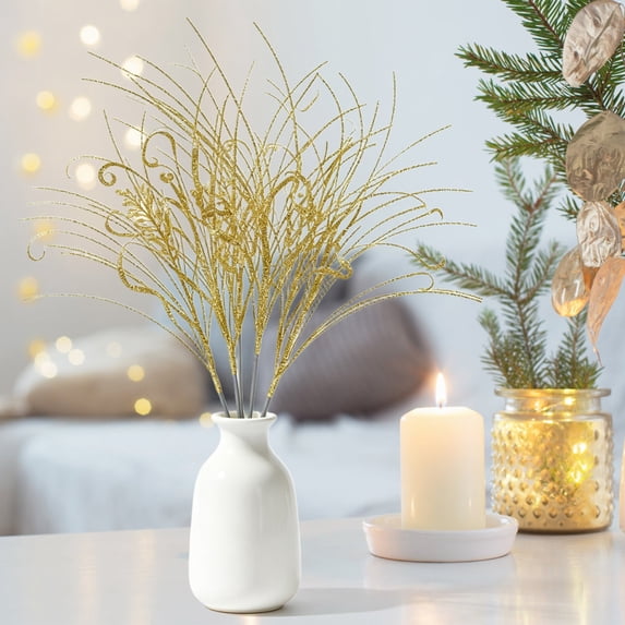 2 Pcs Glitter Christmas Tree Pick and Spray, 16.92 inch Christmas Curly Spray Branches, Shiny Sequin Stem Picks, Holiday Vase Filler Accent, Table Arrangement Supply, Seasonal Mantel Display Decor