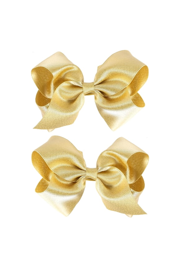 2 Pcs Glitter Gold Ribbon Hair Bows Clips Small Cute Alligator Hairpins 3" for Little Teen Toddler Baby Girls Kids Christmas New Year Gift Wedding Dress Decor Accessories