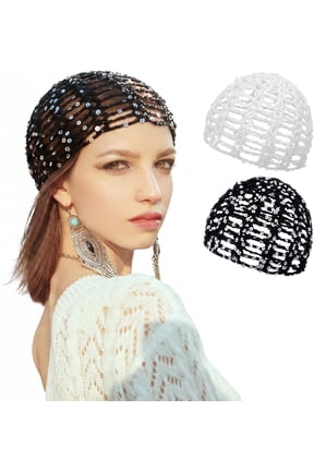 2 Pcs Glitter Sequins Crochet Hat Boho Pearl Trim Beanie Cap Summer Crochet Head Cap Women Skull Cap for Beach Travel(Black White,Sequins)