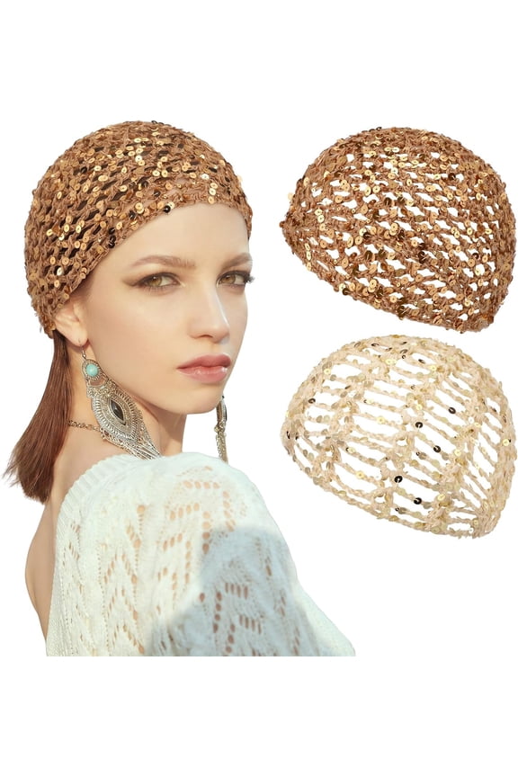 2 Pcs Glitter Sequins Crochet Hat Boho Pearl Trim Beanie Cap Summer Crochet Head Cap Women Skull Cap for Beach Travel(Brown Khaki,Sequins)