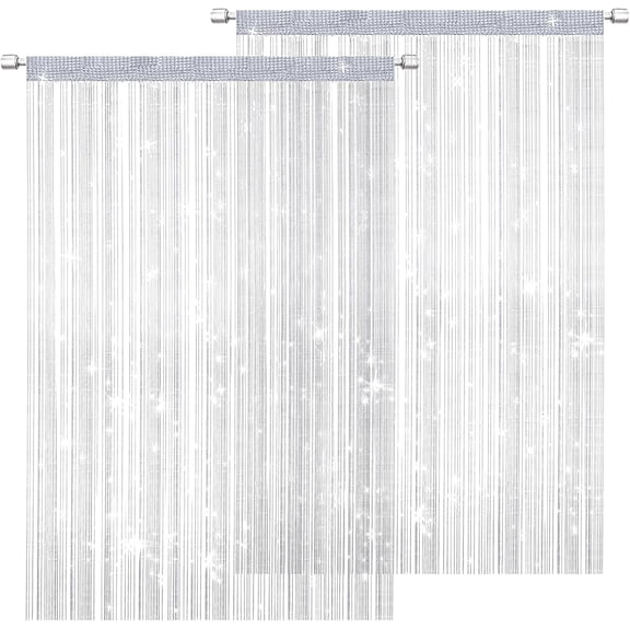 2 Pcs Glitter String Curtain Panel Set, 100 x 200 CM Decorative Door Curtain, Tassel Ribbon Strip Silver Screen, Room Divider for Living Room, Bedroom, Party (White)