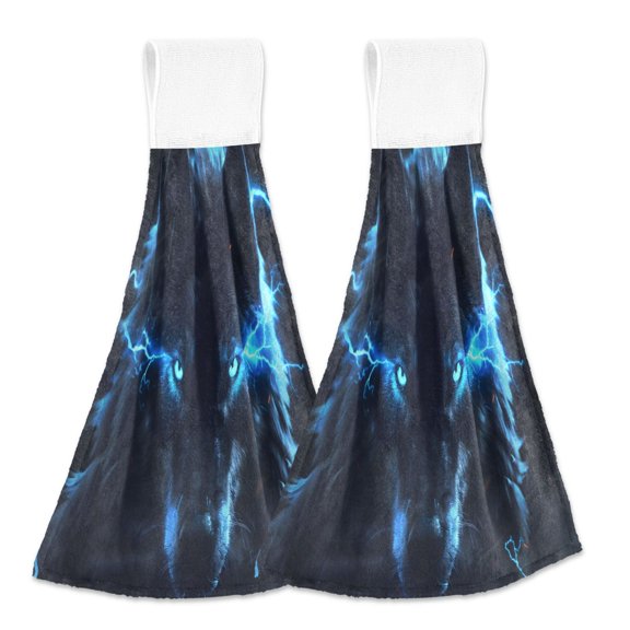 2 Pcs Glowing Wolf Kitchen Hand Towels with Hanging Loops Absorbent Soft Fast Drying Decor Bath Towels